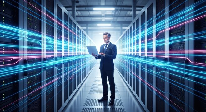 Data center CTO stands confidently amidst glowing digital streams in a warehouse of servers, managing complex networks