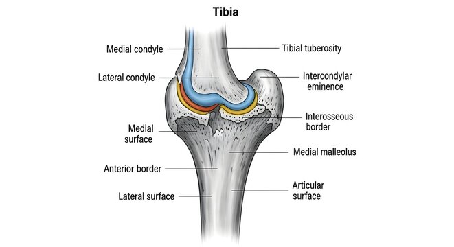 Detailed labeled view of the proximal tibia demonstrating medial and lateral condyles, articular surfaces, tibial plateau, intercondylar eminence, tibial tuberosity, borders and malleolus for lower li