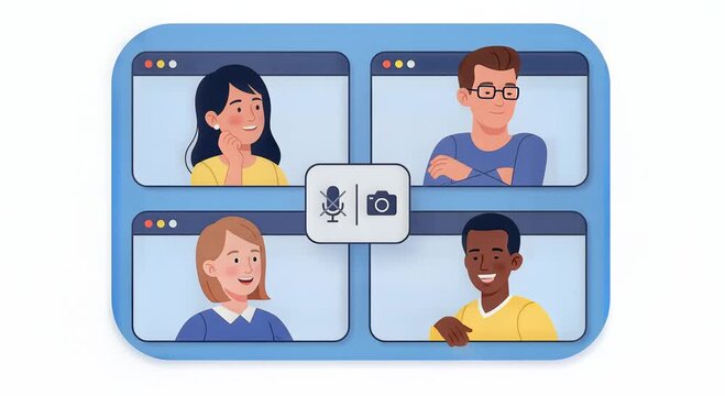 illustrated virtual video conference with four participants in a grid