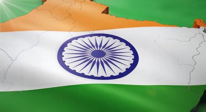 india map silhouette with indian flag on green fabric background