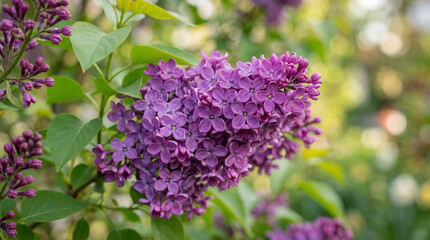 Obraz premium Blooming lilac branch with delicate purple flowers, close-up, soft natural light, spring background, fresh floral texture