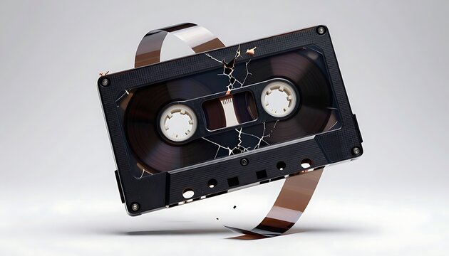 a cassette tape, black, with two reels, one of which is partially unwound. The background is light.