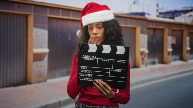 Teenage woman wearing a santa hat holds a clapboard, hand to cheek on a street lined with garage doors and pavement; quiet contemplation.