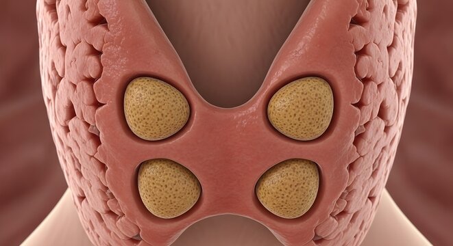 Detailed 3D style rendering of the posterior aspect of the thyroid region showing four yellow parathyroid glands embedded in the pink thyroid tissue, emphasizing endocrine anatomy of the neck for medi