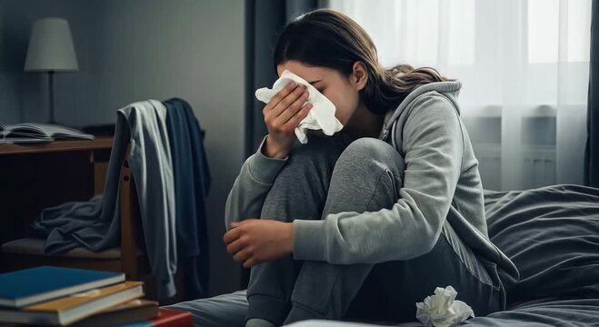 melancholy woman sits on bed hugging knees in dim bedroom