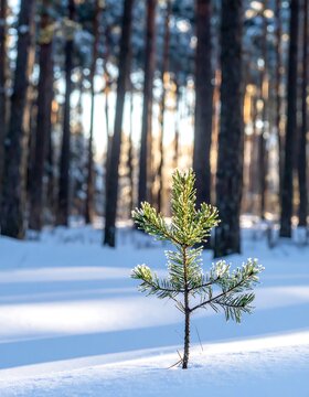 A small pine tree in a snowy forest with sunlight filtering through