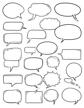 Black and white illustrations of various blank speech bubbles of different shapes and sizes