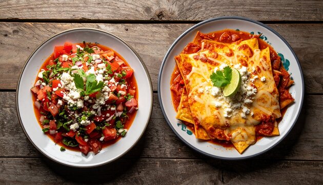 Two plates of delicious Mexican food on a wooden table.