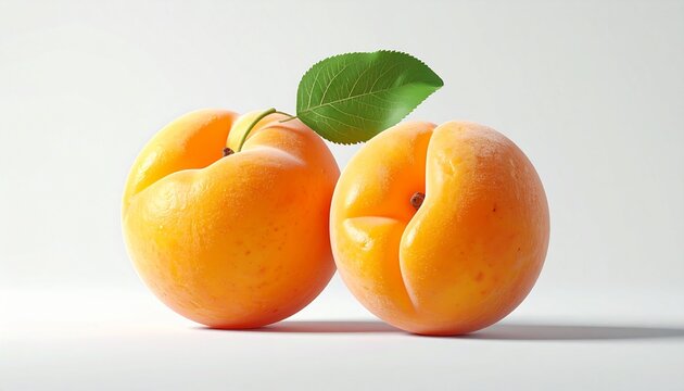 Two Ripe Apricots with a Leaf on a White Background.