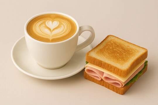 Hot latte with heart foam art in a black cup, served with a fresh chicken and salad sandwich on a wooden board. Healthy breakfast on grey surface.