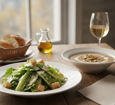 Fresh Caesar salad with croutons, creamy mushroom soup, and a glass of white wine on a wooden table. Healthy gourmet dinner set in a cozy restaurant.