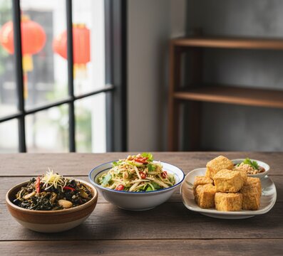 Traditional Chinese congee side dishes with deep-fried tofu, preserved egg salad, and stir-fried olive leaves on a wooden table. Asian comfort food.