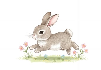 Obraz premium Cute rabbit hopping through flowers fast.