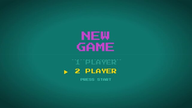 Pixel art NEW GAME menu selecting 1 PLAYER 2 PLAYER and PRESS START with neon colors for intros.