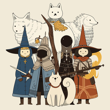 RPGゲーム。旅の仲間たち。魔導士。剣士。ナイト。魔法使い。ファンタジー