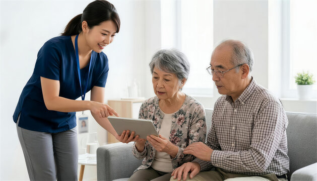 リビングでタブレットを見ながらシニア夫婦に説明する介護士