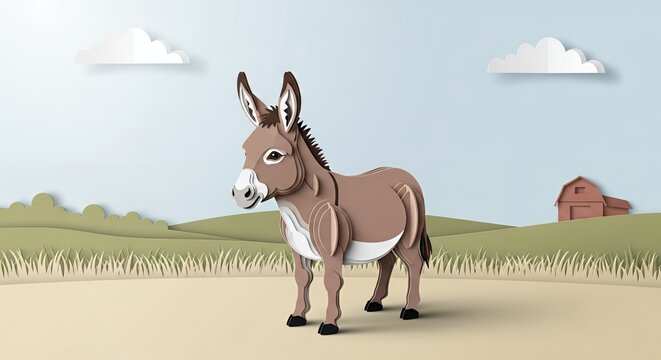 Donkey standing in a rural landscape.