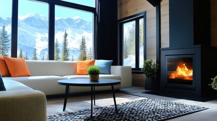Fototapeta premium Cozy mountain lodge living room with fireplace and stunning snowy peak views