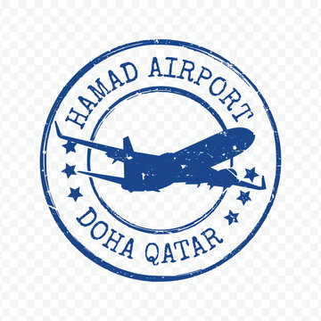 Hamad airport doha qatar travel postage stamp featuring blue circular border with airplane silhouette icon