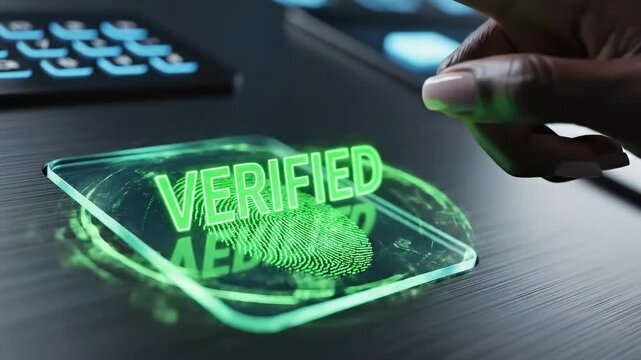 Close-up of finger scanning fingerprint on futuristic biometric security screen