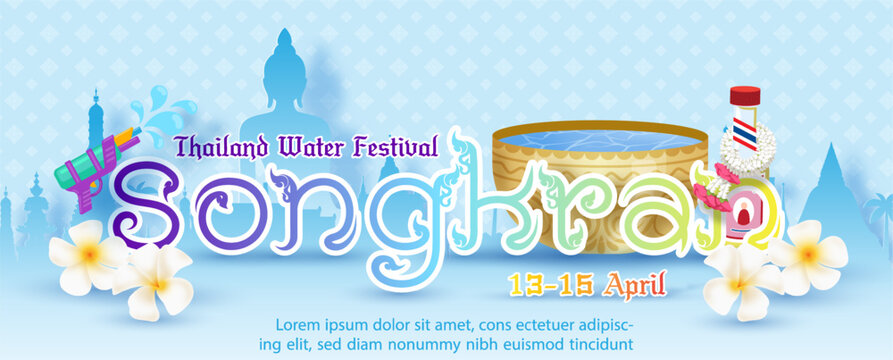 Poster design of Songkran water festival in papercut style with golden bowl and white flowers on Thailand landscape, Thai art pattern and blue background.