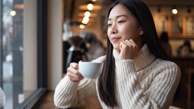 A person drinks a warm beverage while looking out a window