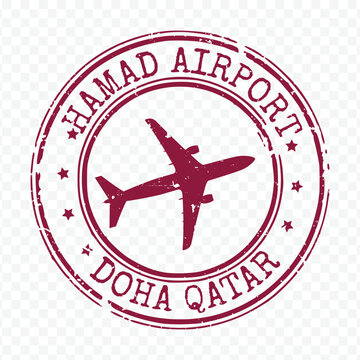 Hamad airport doha qatar tourism label featuring red circular border with airplane silhouette and stars