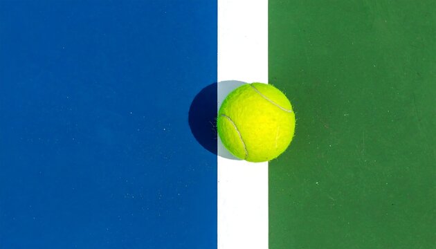 A tennis ball on a white line between blue and green surfaces