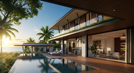 Fototapeta premium Luxury Tropical Villa with Infinity Pool Overlooking the Ocean at Sunset