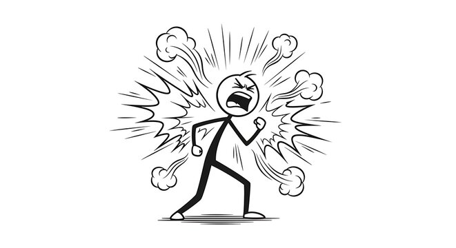 Angry stick figure with steam and rage, expressing frustration and anger in a cartoon style.
