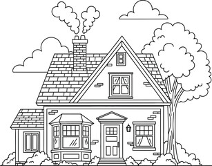 Fototapeta premium A black and white drawing of a house with a chimney and trees