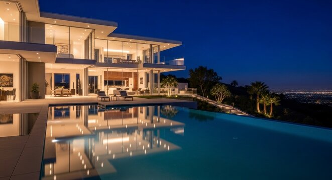 Modern luxury home exterior with swimming pool at night