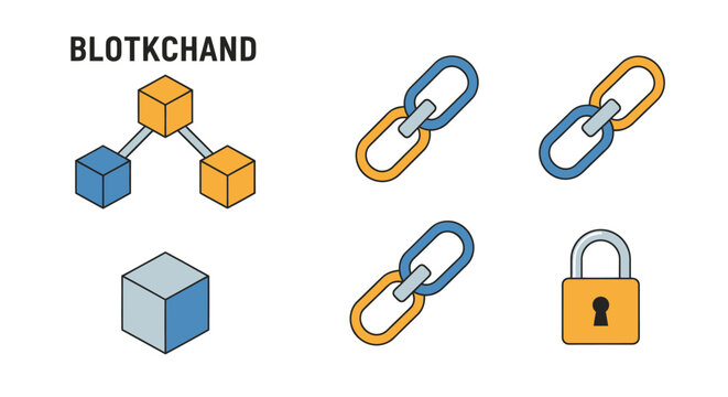 Blockchain network, blocks, chain links, and lock icons. Digital technology and security concept.