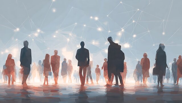 A network of interconnected people visualized with glowing nodes and digital connections, representing global community and communication