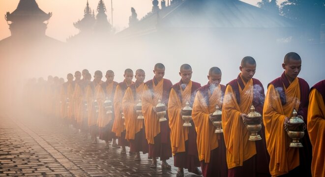 Monks in ceremonial procession outdoors with lanterns shrouded in atmospheric haze