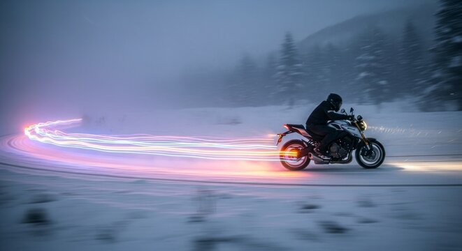 Motorcycle riding in snowy landscape with light trails and winter scenery