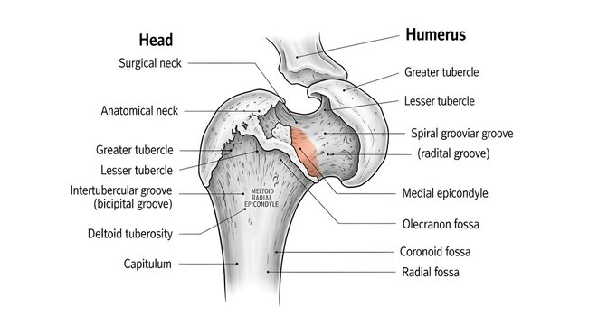 Labeled anatomical illustration of the proximal humerus and shoulder joint, highlighting head, necks, greater and lesser tubercles, intertubercular groove and distal articular landmarks for clinical r