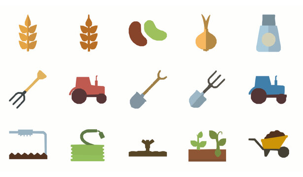 Farming and Gardening Icons Flat Vector Agriculture Equipment Set