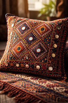 AI generated close-up of a hand-embroidered Balochi pillow with intricate mirror work