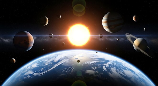 View of the solar system from space with Earth in the foreground.