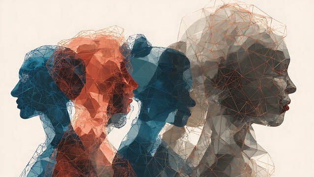 Captivating abstract illustration showcasing the layered complexities of human identity and the evolving self, symbolizing mental states, introspection, and personal transformation