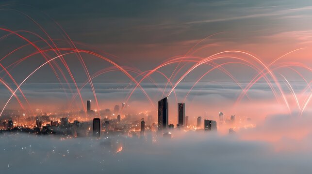 Economic uncertainty represented by fog over city with data lines