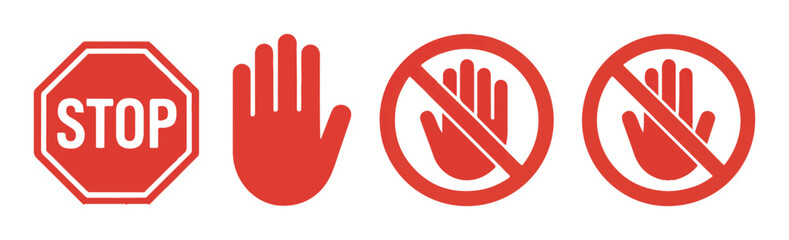 Obraz premium Red stop sign hand and prohibition hand icons isolated on white background vector graphics.