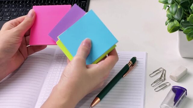 A woman's hands sort through a stack of colorful sticky notes on a desk next to a notepad and stationery. Conceptual ideas for planning, task organization, and office work.