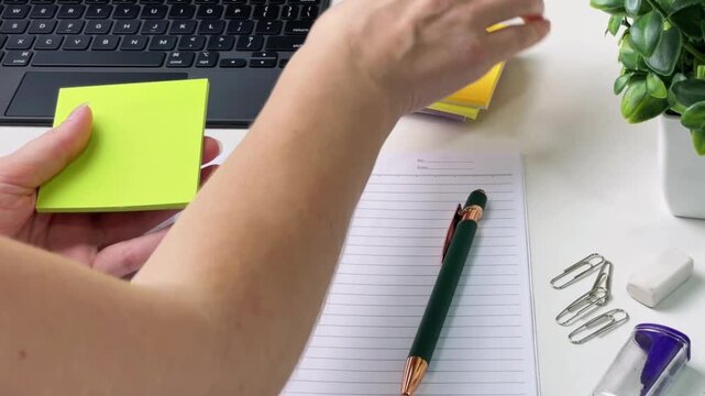 A woman's hands select a colored sticky note from a set and begin writing a note at her desk next to a notepad and stationery. Conceptualizing planning, task organization, and productivity.