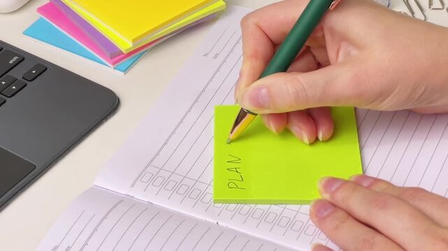 A close-up of a woman's hand writing a &ldquo;plan day&rdquo; on a colorful sticky note. A notepad, laptop, and stationery are nearby. Conceptualization of planning, time management, and task organization.