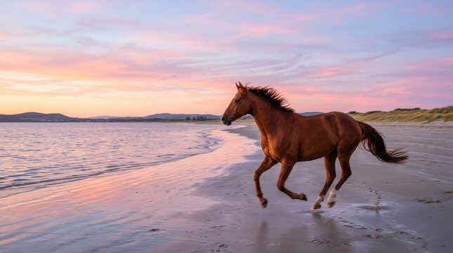 Free-spirited chestnut horse joyfully galloping along the shoreline at pastel sunset, hooves splashing through wet sand beside gentle rolling ocean waves

