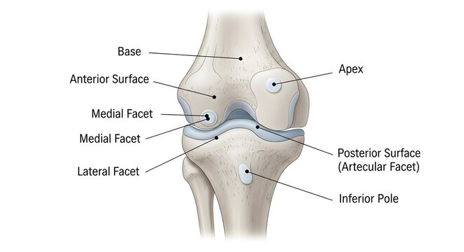 Detailed anatomical illustration of the human patella and knee joint surfaces, showing base, apex, anterior and posterior articular surfaces with clearly labeled medial and lateral facets for medical 