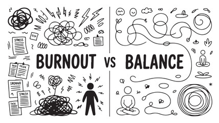 Naklejka premium Burnout Vs Balance Concept Illustration For Mental Health And Wellness Campaigns