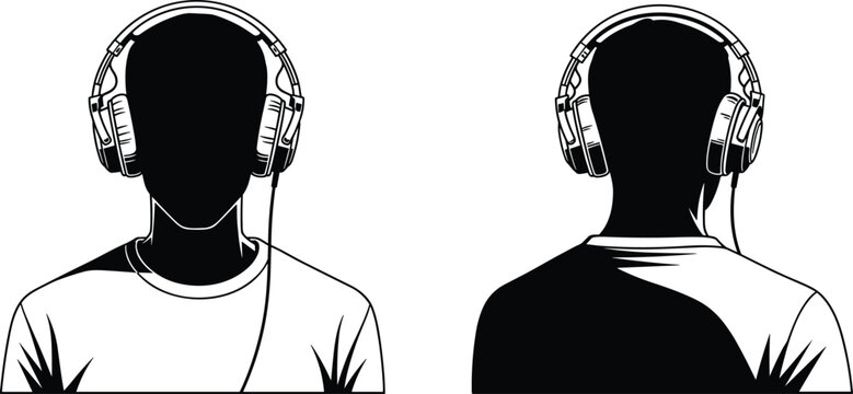 Headphone user silhouette front and back view listening to music audio concept vector illustration for sound technology and lifestyle design